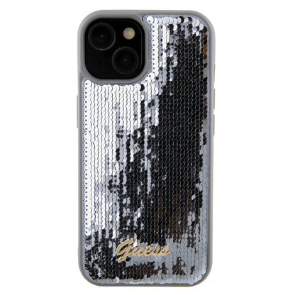 Puzdro pre Apple iPhone 15, Guess, Sequin Script Metal, Strieborné