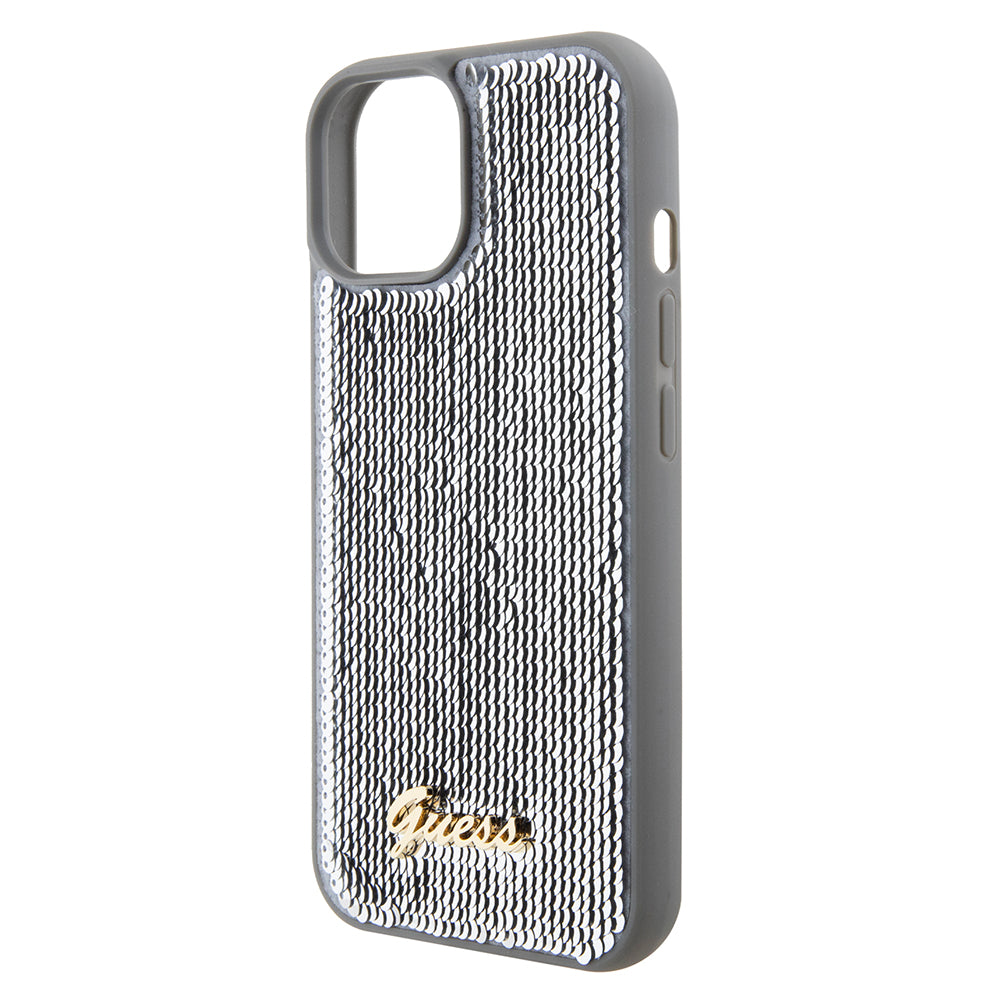 Puzdro pre Apple iPhone 15, Guess, Sequin Script Metal, Strieborné