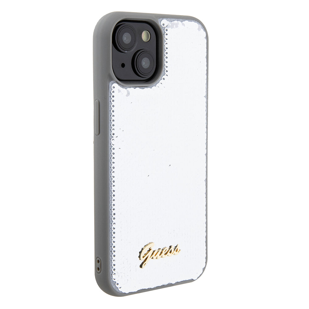 Puzdro pre Apple iPhone 15, Guess, Sequin Script Metal, Strieborné