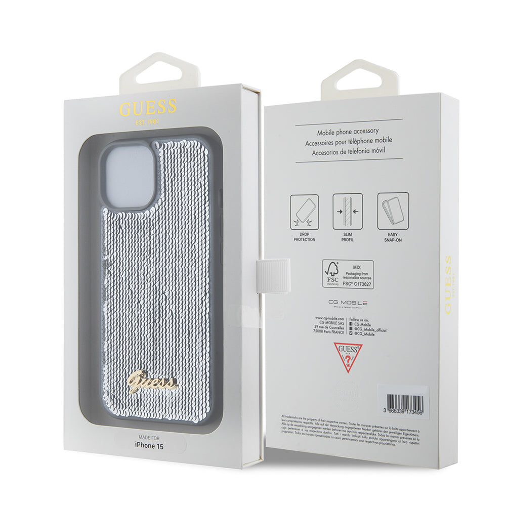 Puzdro pre Apple iPhone 15, Guess, Sequin Script Metal, Strieborné