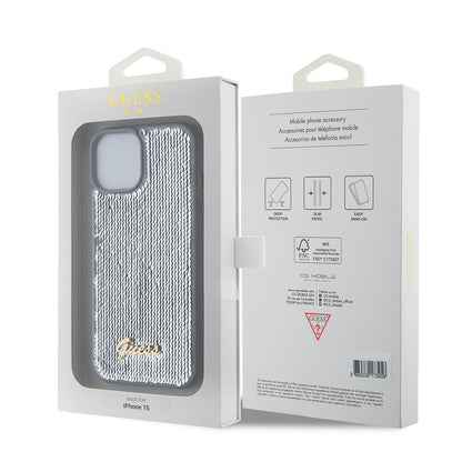 Puzdro pre Apple iPhone 15, Guess, Sequin Script Metal, Strieborné