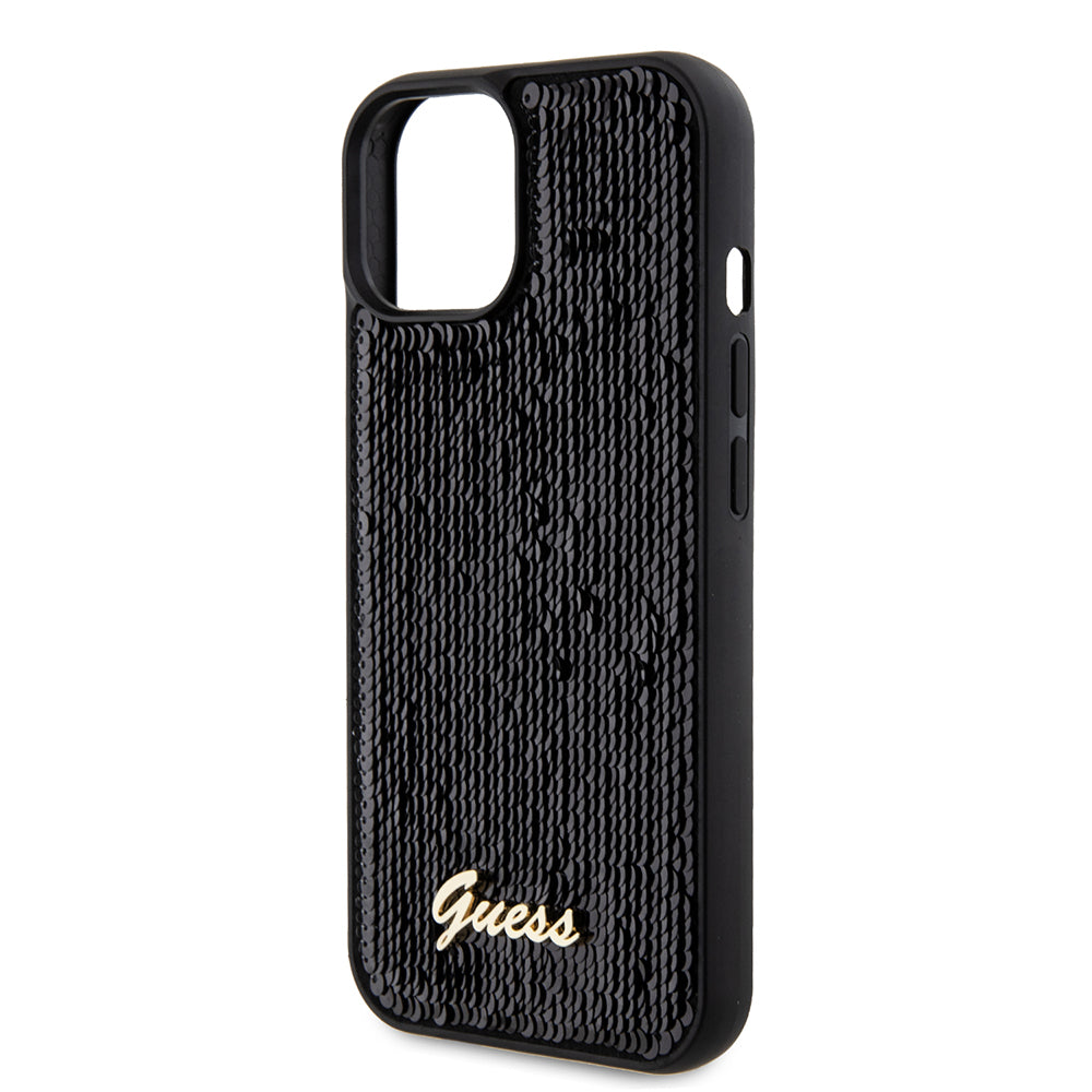 Puzdro pre Apple iPhone 15, Guess, Sequin Script Metal, Čierne