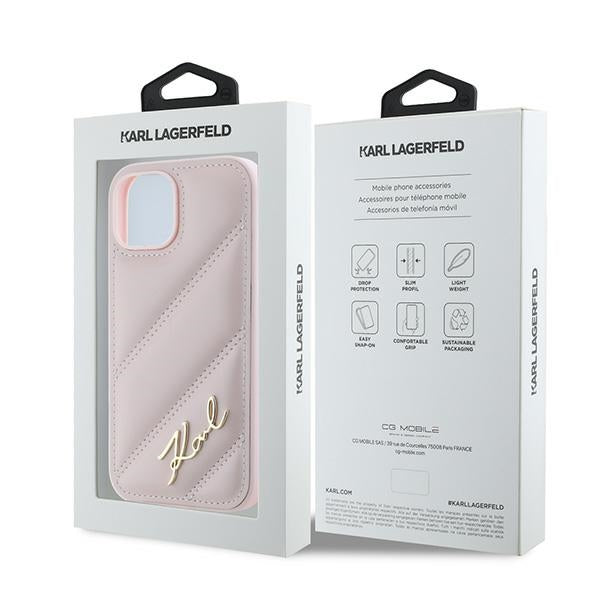 Case for Apple iPhone 15, Karl Lagerfeld, Diagonal Quilted Script, Pink