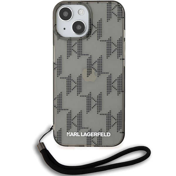 Puzdro pre Apple iPhone 15, Karl Lagerfeld, IML Luxury Monogram KL Pattern with Strap, Čierne