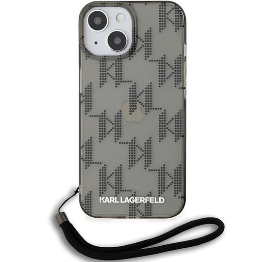 Puzdro pre Apple iPhone 15, Karl Lagerfeld, IML Luxury Monogram KL Pattern with Strap, Čierne