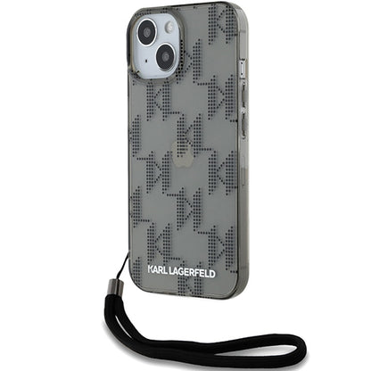 Puzdro pre Apple iPhone 15, Karl Lagerfeld, IML Luxury Monogram KL Pattern with Strap, Čierne