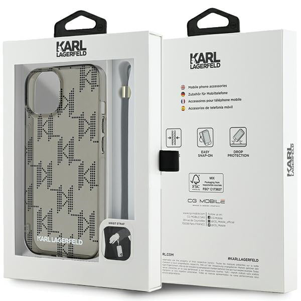 Puzdro pre Apple iPhone 15, Karl Lagerfeld, IML Luxury Monogram KL Pattern with Strap, Čierne