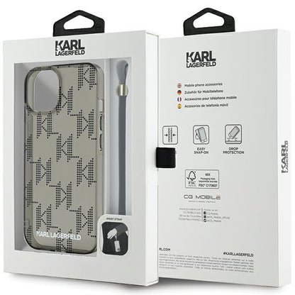 Puzdro pre Apple iPhone 15, Karl Lagerfeld, IML Luxury Monogram KL Pattern with Strap, Čierne