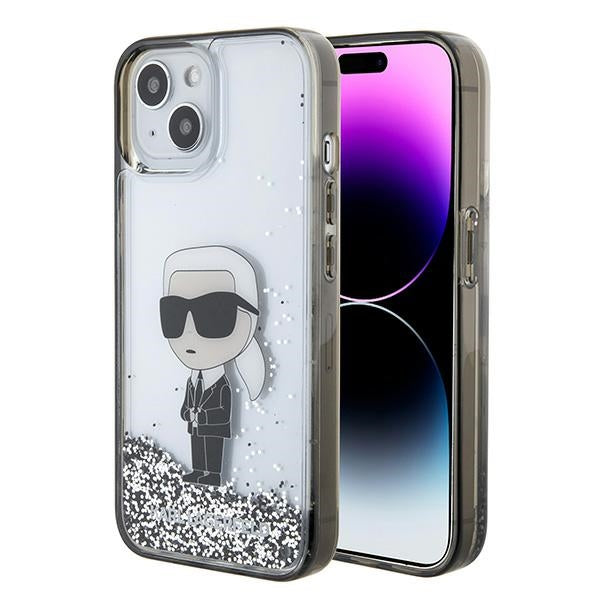 Puzdro pre Apple iPhone 15, Karl Lagerfeld, Liquid Glitter Ikonik Karl, Transparentné