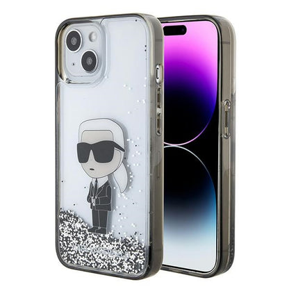 Puzdro pre Apple iPhone 15, Karl Lagerfeld, Liquid Glitter Ikonik Karl, Transparentné