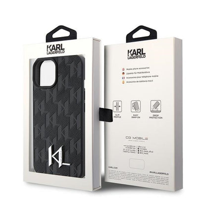 Puzdro pre Apple iPhone 15, Karl Lagerfeld, Monogram Hot Stamp Metal Logo, Čierne