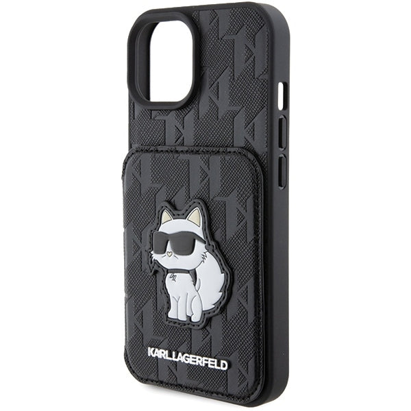 Case for Apple iPhone 15, Karl Lagerfeld, Saffiano Cardslots and Stand Monogram Choupette, Black