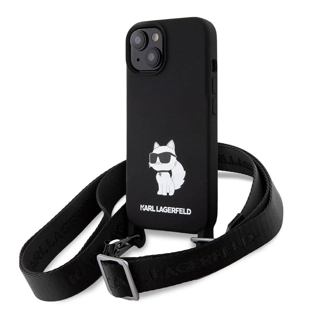 Puzdro pre Apple iPhone 15, Karl Lagerfeld, Silicone Crossbody Choupette, Čierne
