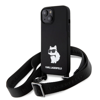 Puzdro pre Apple iPhone 15, Karl Lagerfeld, Silicone Crossbody Choupette, Čierne