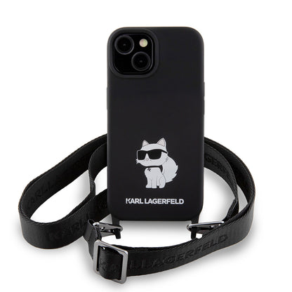 Puzdro pre Apple iPhone 15, Karl Lagerfeld, Silicone Crossbody Choupette, Čierne