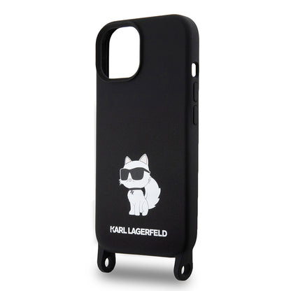 Puzdro pre Apple iPhone 15, Karl Lagerfeld, Silicone Crossbody Choupette, Čierne
