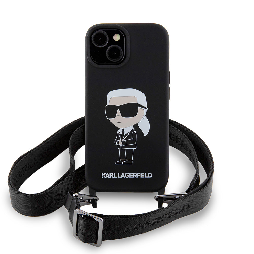 Puzdro pre Apple iPhone 15, Karl Lagerfeld, Silicone Crossbody Ikonik Karl, Čierne