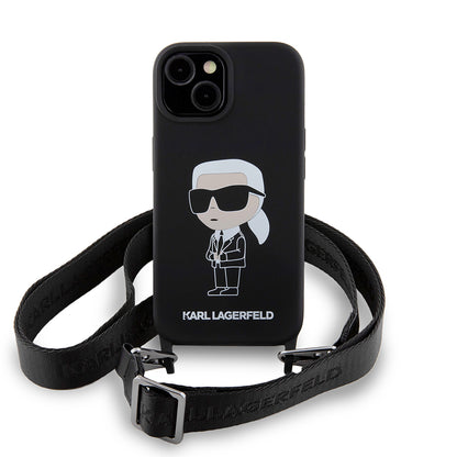 Puzdro pre Apple iPhone 15, Karl Lagerfeld, Silicone Crossbody Ikonik Karl, Čierne