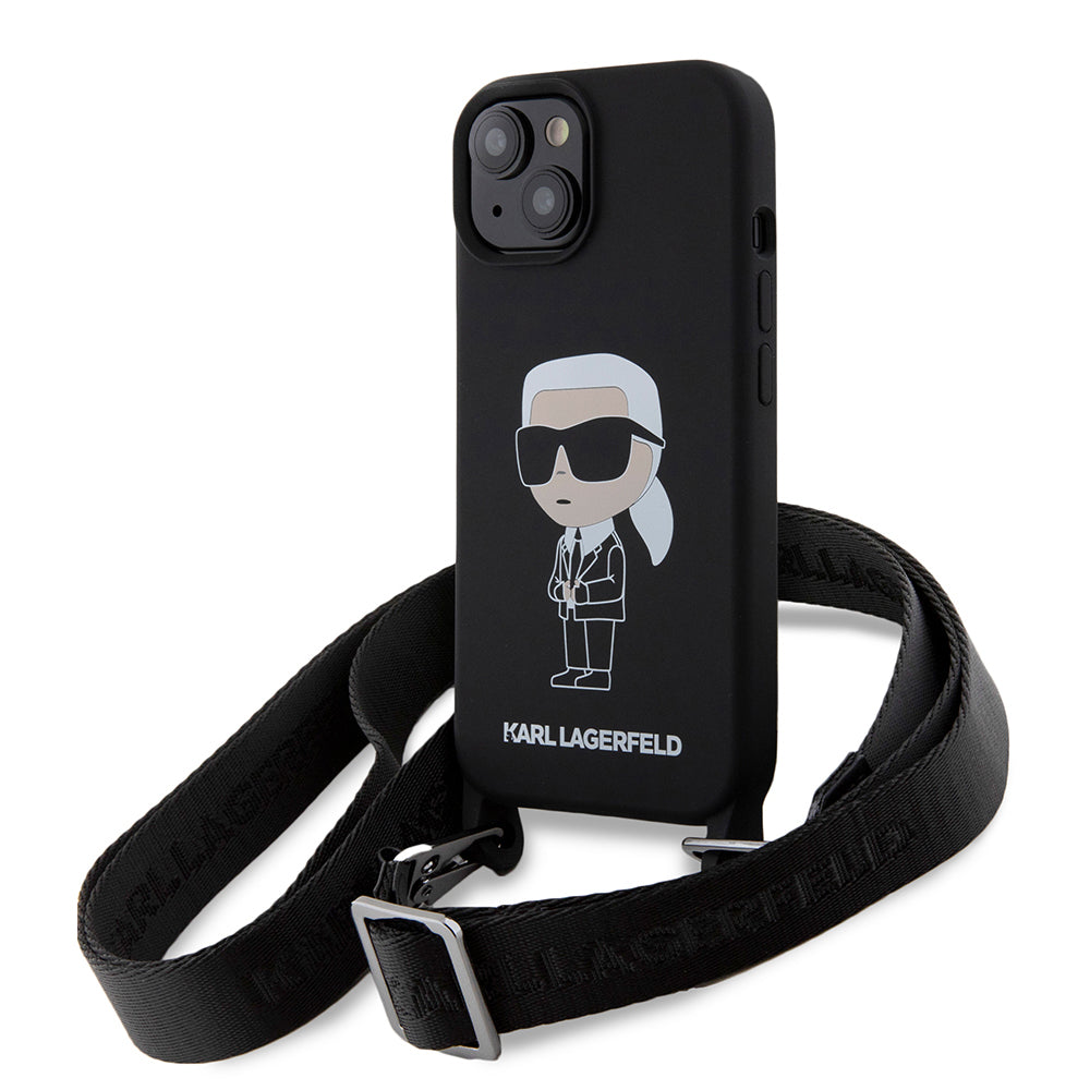 Puzdro pre Apple iPhone 15, Karl Lagerfeld, Silicone Crossbody Ikonik Karl, Čierne