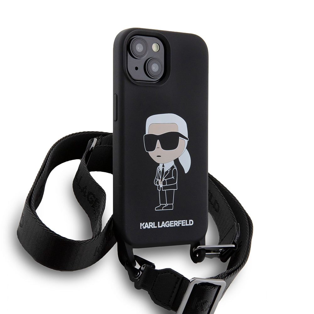 Puzdro pre Apple iPhone 15, Karl Lagerfeld, Silicone Crossbody Ikonik Karl, Čierne