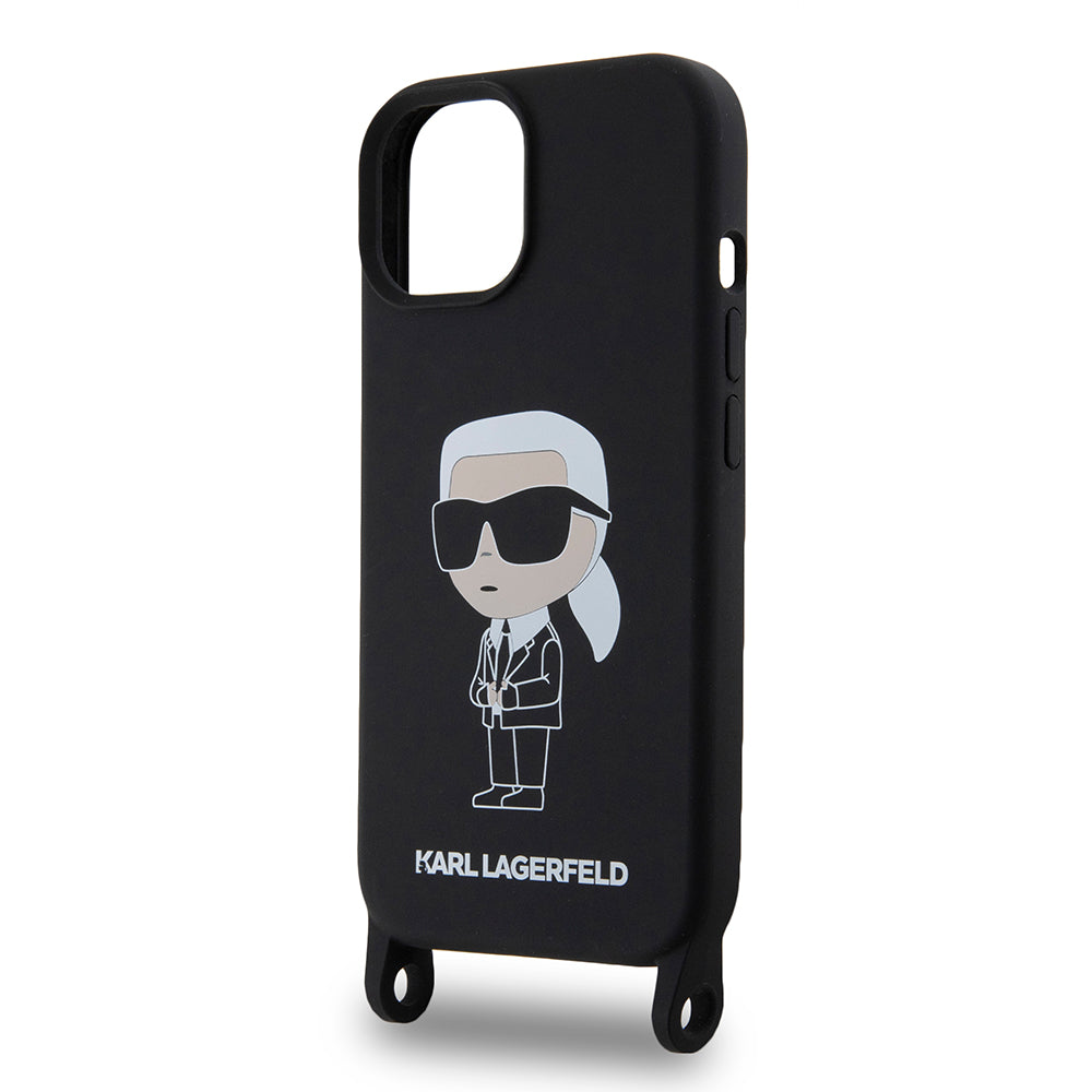 Puzdro pre Apple iPhone 15, Karl Lagerfeld, Silicone Crossbody Ikonik Karl, Čierne