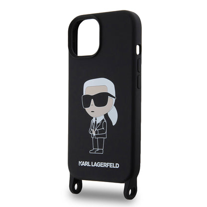 Puzdro pre Apple iPhone 15, Karl Lagerfeld, Silicone Crossbody Ikonik Karl, Čierne