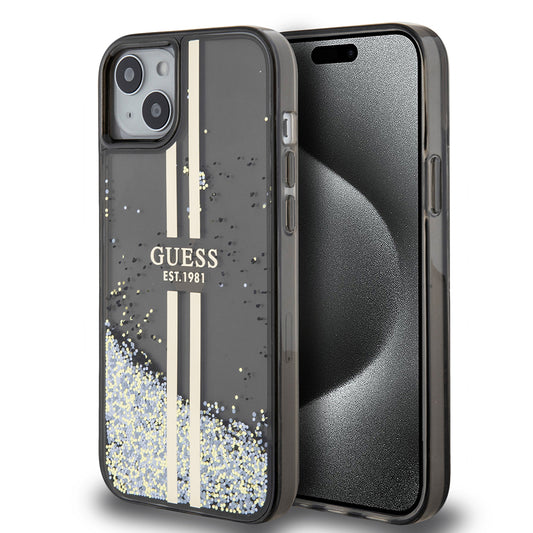 Puzdro pre Apple iPhone 15 Plus, Guess, Liquid Glitter Gold Stripes, Čierne