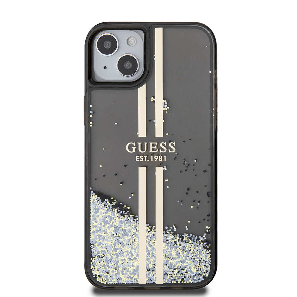 Puzdro pre Apple iPhone 15 Plus, Guess, Liquid Glitter Gold Stripes, Čierne