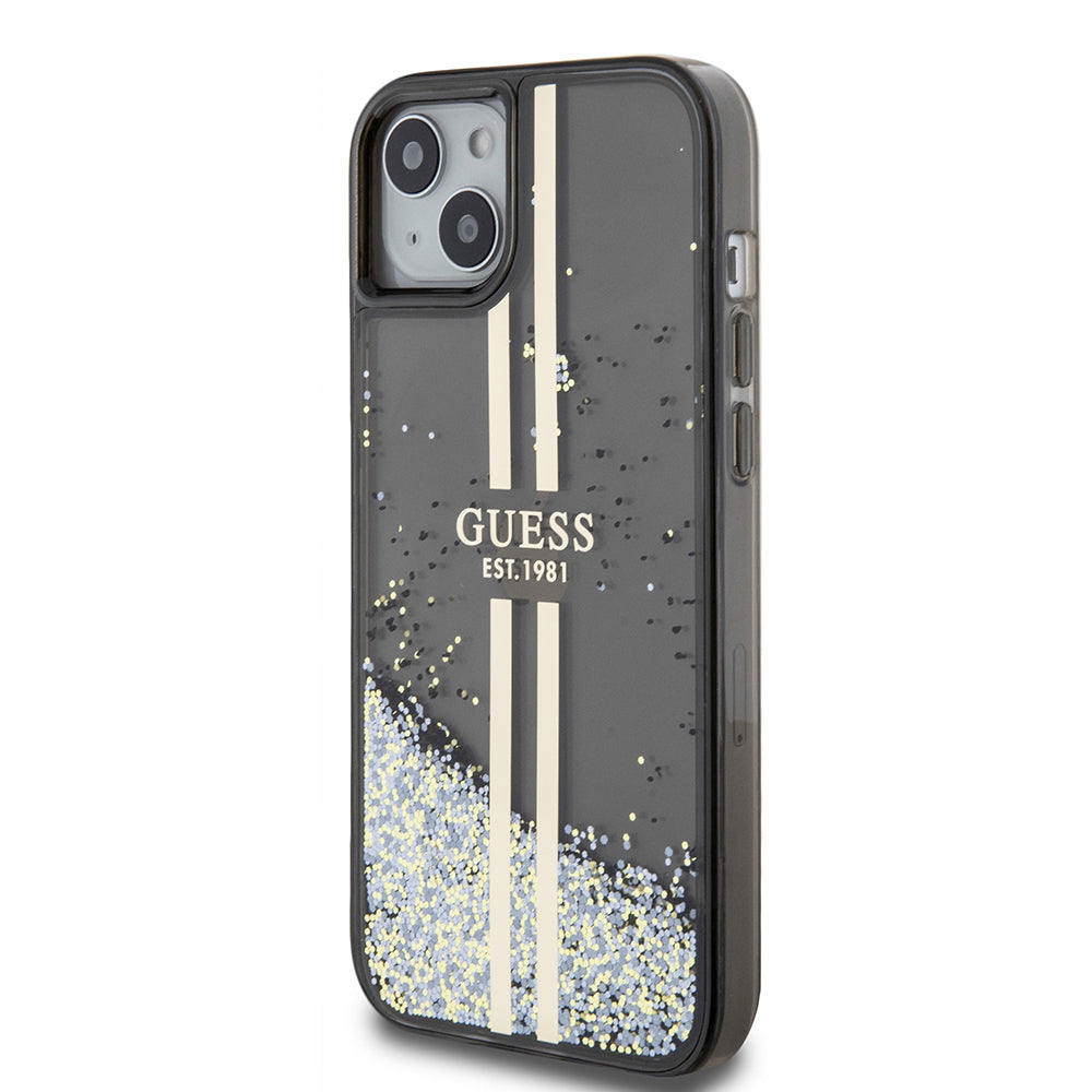 Puzdro pre Apple iPhone 15 Plus, Guess, Liquid Glitter Gold Stripes, Čierne