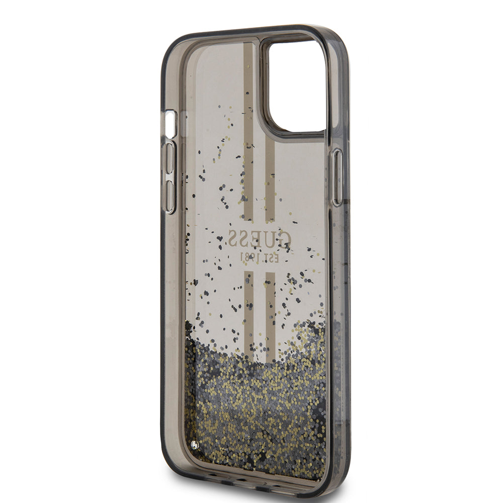 Puzdro pre Apple iPhone 15 Plus, Guess, Liquid Glitter Gold Stripes, Čierne