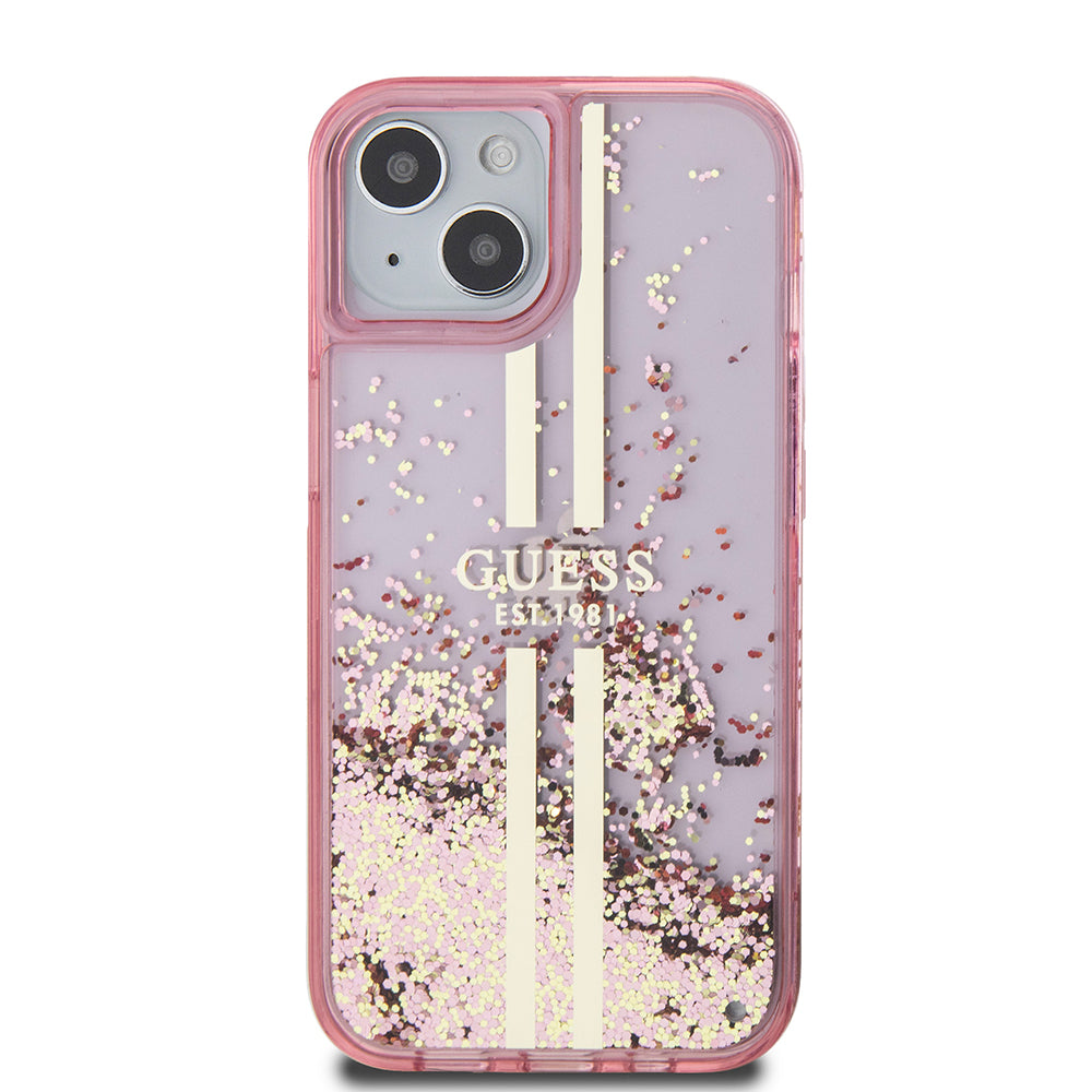 Puzdro pre Apple iPhone 15 Plus, Guess, Liquid Glitter Gold Stripes, Ružové