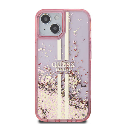Puzdro pre Apple iPhone 15 Plus, Guess, Liquid Glitter Gold Stripes, Ružové