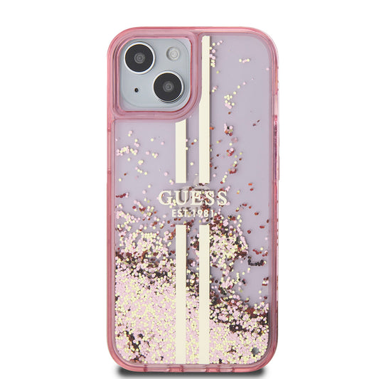 Puzdro pre Apple iPhone 15 Plus, Guess, Liquid Glitter Gold Stripes, Ružové