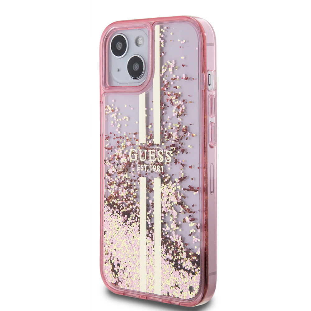 Puzdro pre Apple iPhone 15 Plus, Guess, Liquid Glitter Gold Stripes, Ružové
