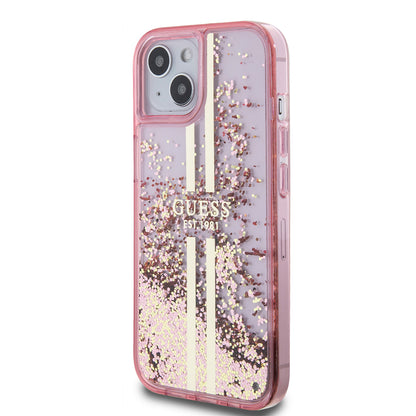Puzdro pre Apple iPhone 15 Plus, Guess, Liquid Glitter Gold Stripes, Ružové