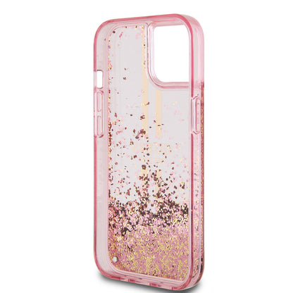 Puzdro pre Apple iPhone 15 Plus, Guess, Liquid Glitter Gold Stripes, Ružové