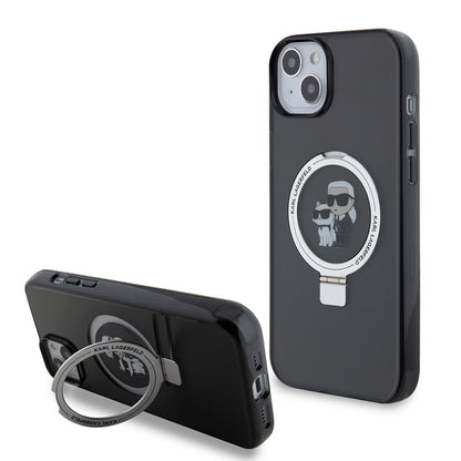 Puzdro pre Apple iPhone 15 Plus, Karl Lagerfeld, Ringstand Karl & Choupette, Čierne