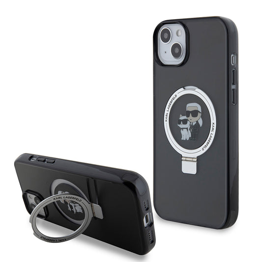 Puzdro pre Apple iPhone 15 Plus, Karl Lagerfeld, Ringstand Karl & Choupette, Čierne