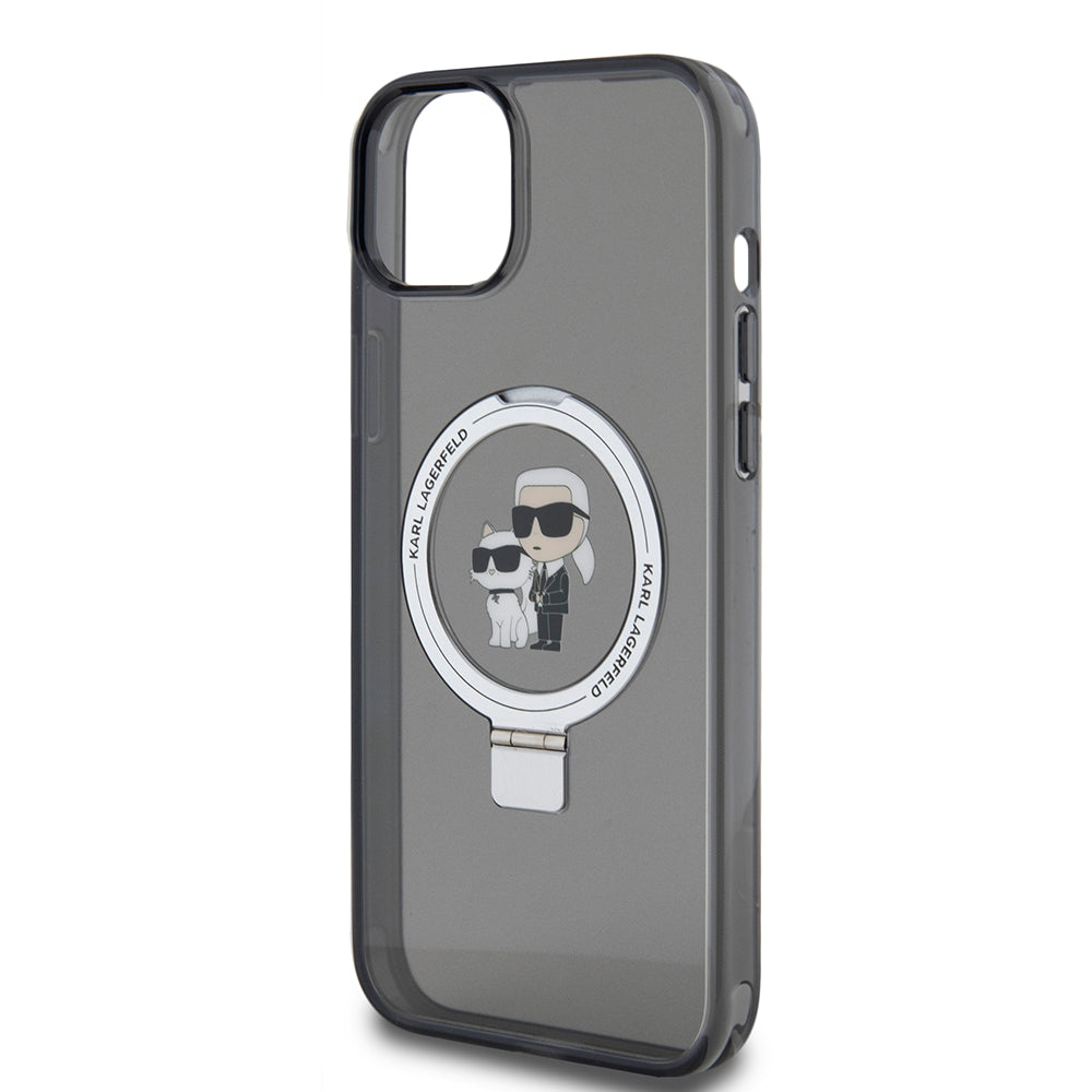 Puzdro pre Apple iPhone 15 Plus, Karl Lagerfeld, Ringstand Karl & Choupette, Čierne
