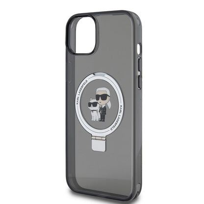 Puzdro pre Apple iPhone 15 Plus, Karl Lagerfeld, Ringstand Karl & Choupette, Čierne