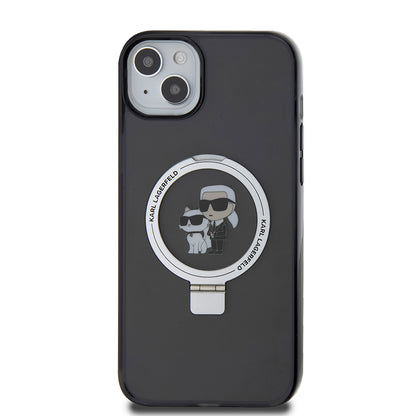 Puzdro pre Apple iPhone 15 Plus, Karl Lagerfeld, Ringstand Karl & Choupette, Čierne