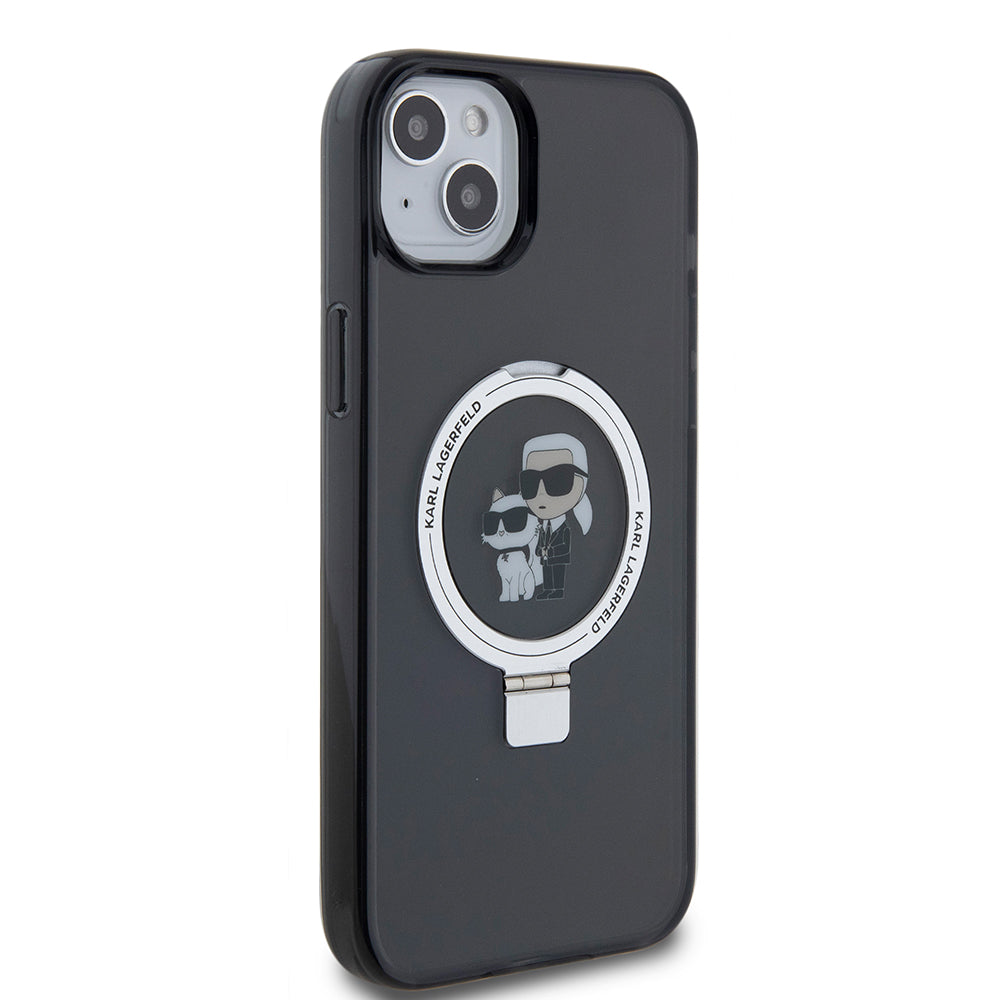 Puzdro pre Apple iPhone 15 Plus, Karl Lagerfeld, Ringstand Karl & Choupette, Čierne