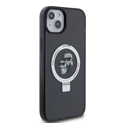 Puzdro pre Apple iPhone 15 Plus, Karl Lagerfeld, Ringstand Karl & Choupette, Čierne