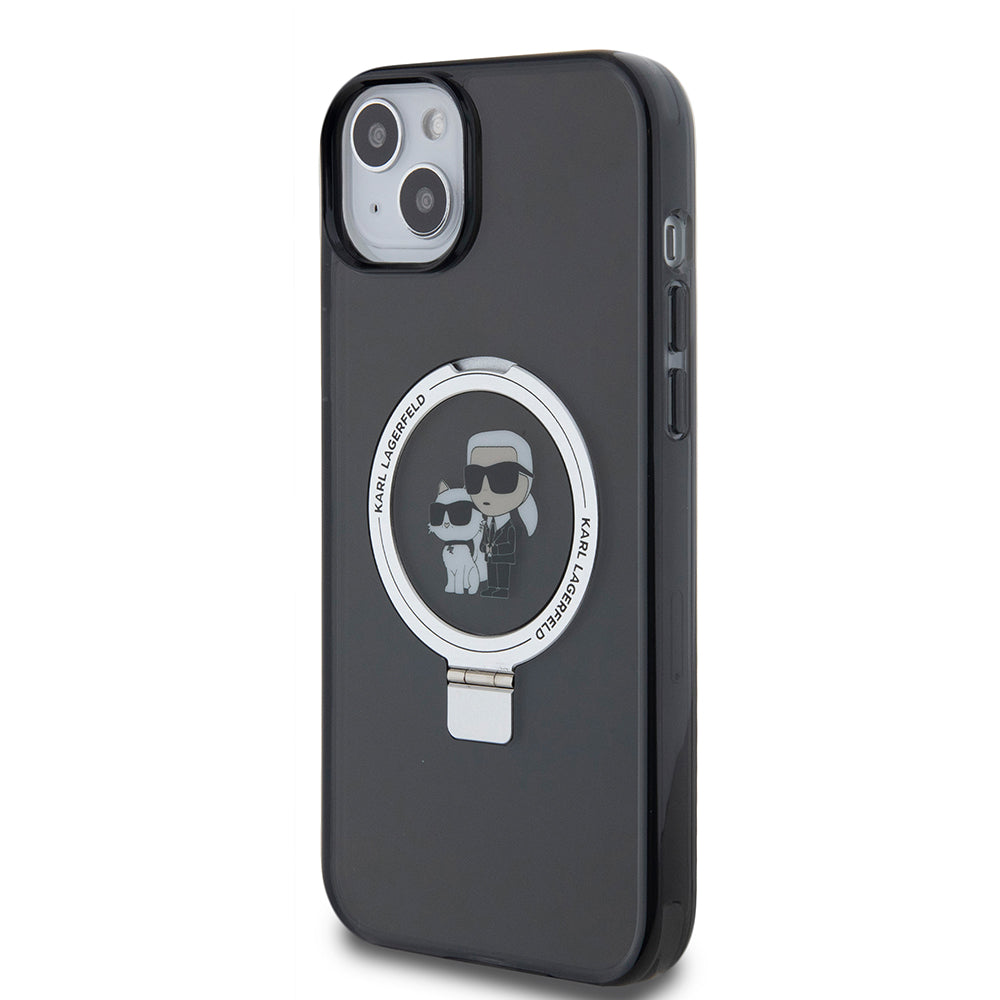 Puzdro pre Apple iPhone 15 Plus, Karl Lagerfeld, Ringstand Karl & Choupette, Čierne