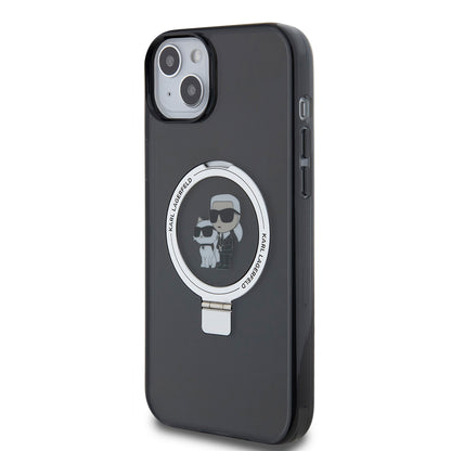 Puzdro pre Apple iPhone 15 Plus, Karl Lagerfeld, Ringstand Karl & Choupette, Čierne