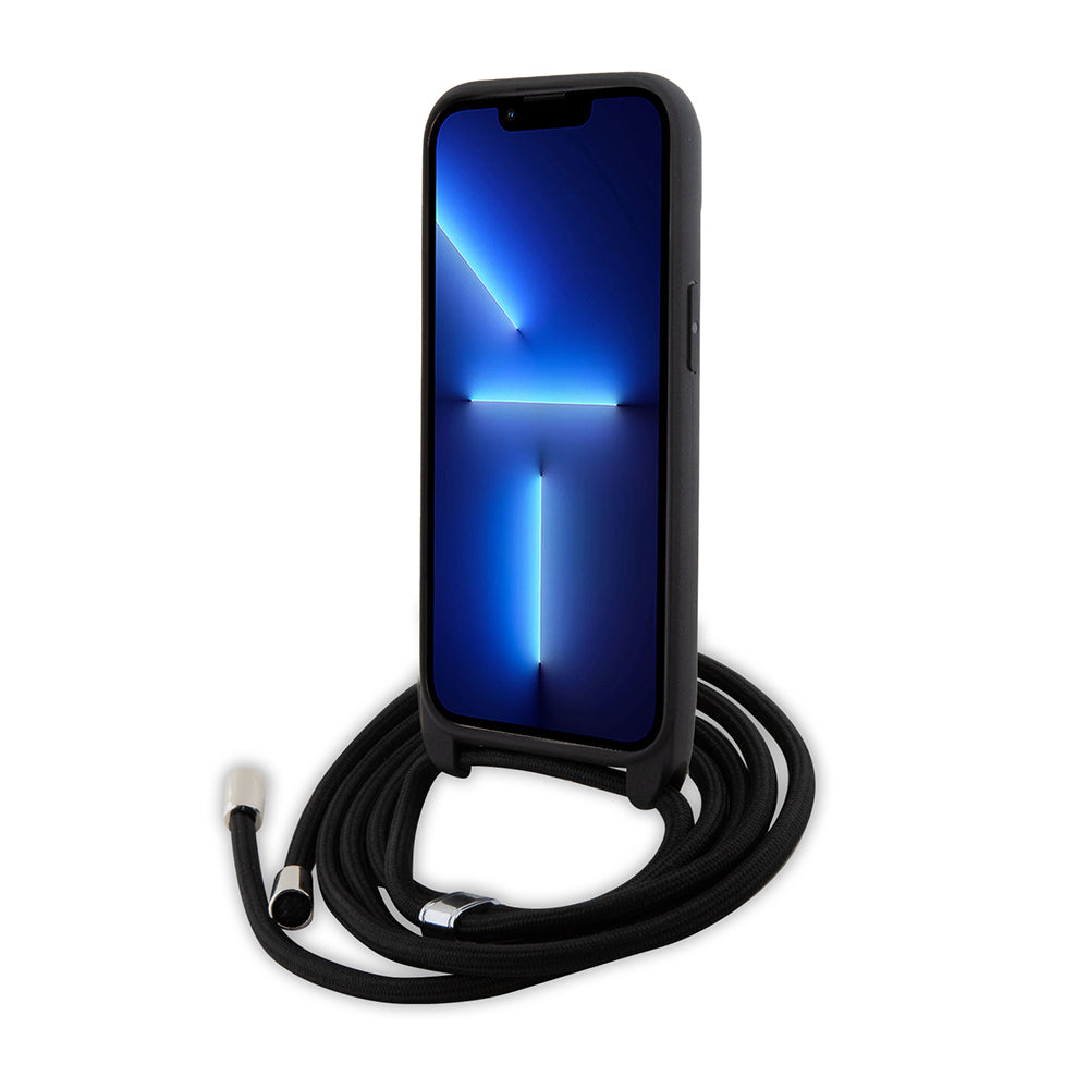 Puzdro pre Apple iPhone 15 Plus, Karl Lagerfeld, Saffiano Crossbody Metal Pin Karl & Choupette, Čierne