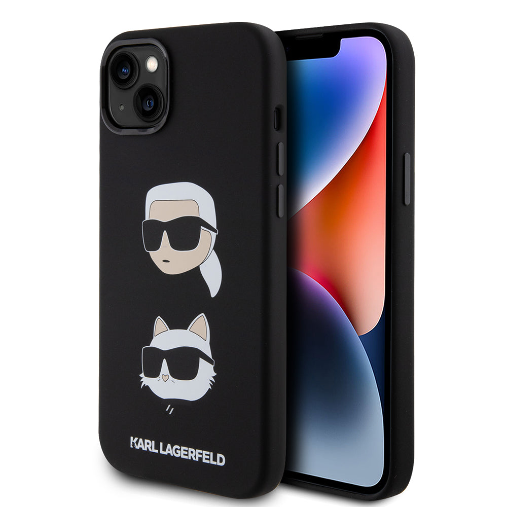 Puzdro pre Apple iPhone 15 Plus, Karl Lagerfeld, Silikónové Karl & Choupette's Heads, Čierne