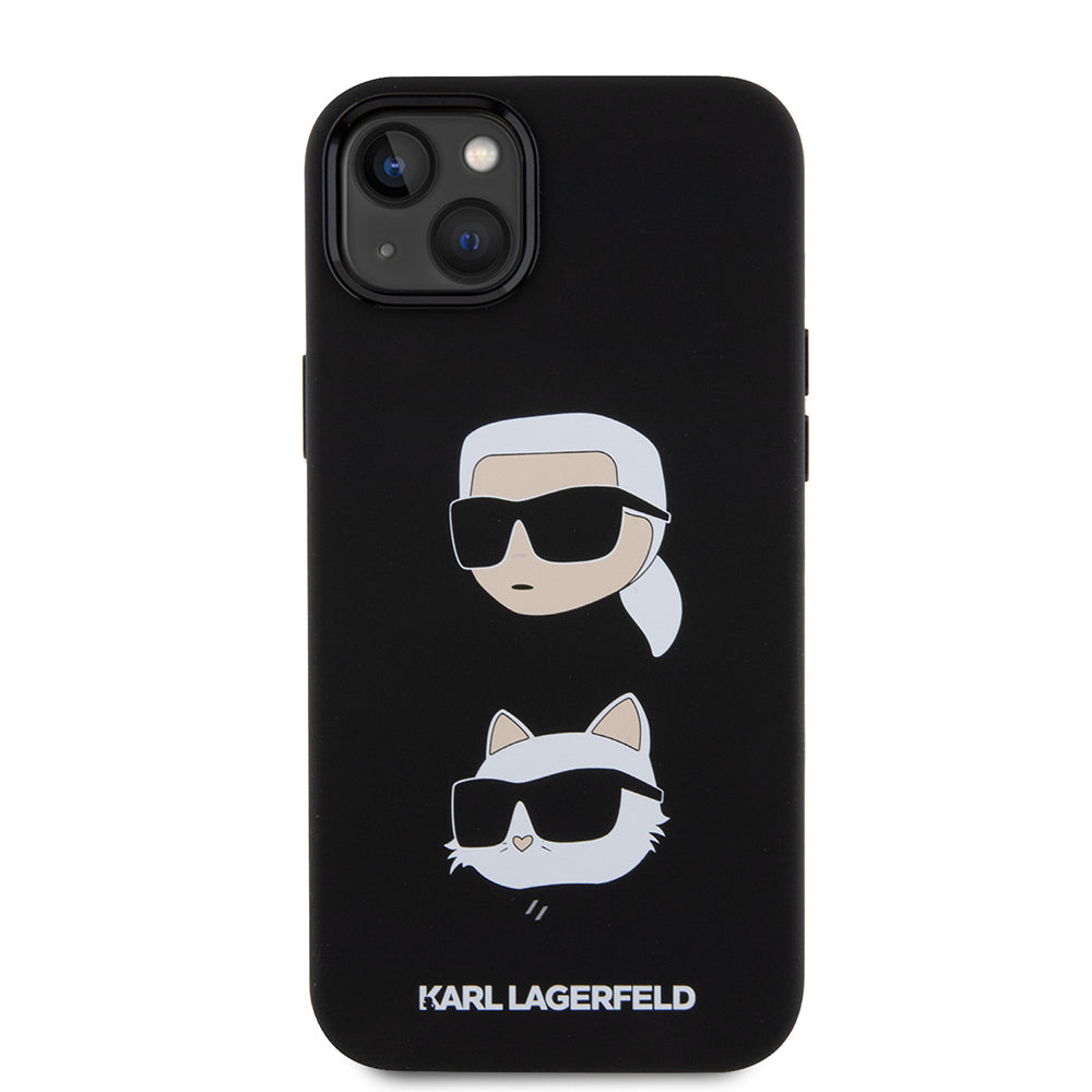 Puzdro pre Apple iPhone 15 Plus, Karl Lagerfeld, Silikónové Karl & Choupette's Heads, Čierne