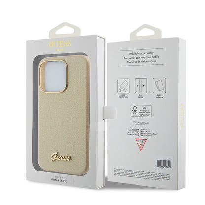 Puzdro pre Apple iPhone 15 Pro, Guess, Glitter Glossy Script, Bežové