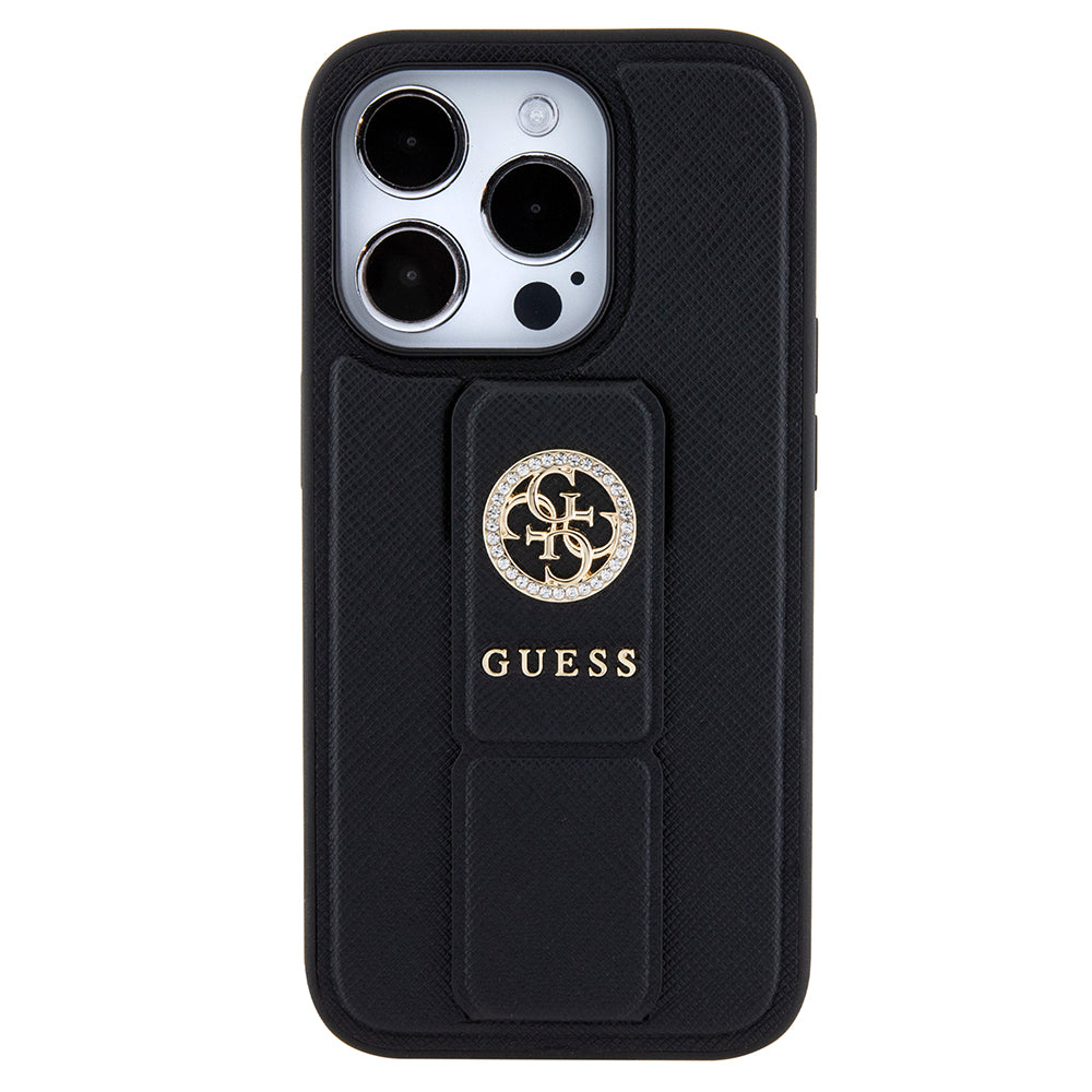 Puzdro pre Apple iPhone 15 Pro, Guess, Grip Stand 4G Saffiano Strass, Čierne